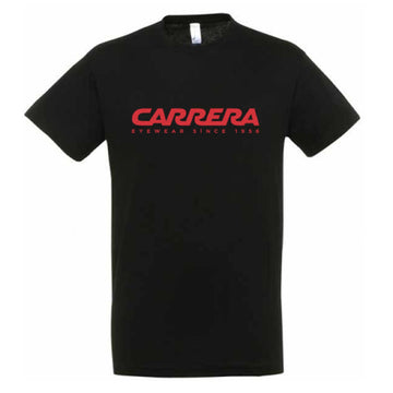 Black unisex Carrera T-shirt with red logo – promotional apparel in multiple sizes