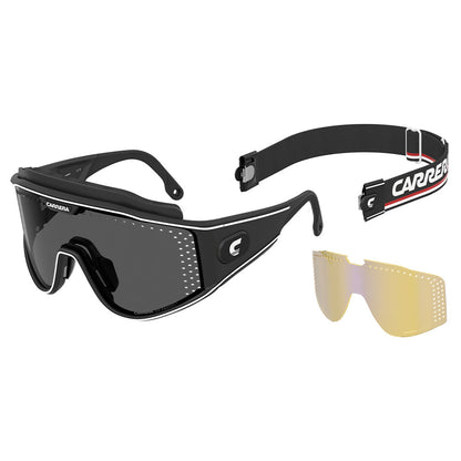 Carrera CA Transforma Ski Style Full Rim Shield Sunglasses Matte Black - angled view with accessories