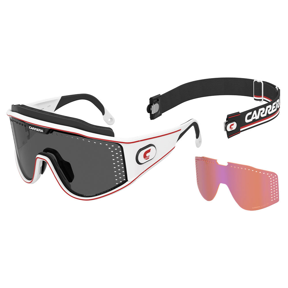 Carrera CA Transforma Ski Style Full Rim Shield Sunglasses Matte White - angled view with accessories