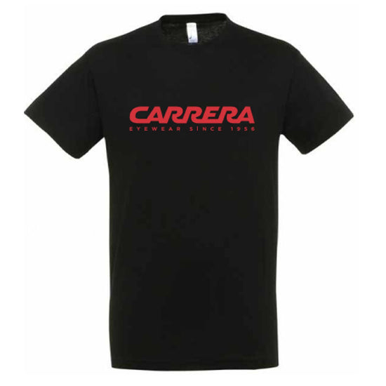 Black unisex Carrera T-shirt with red logo – promotional apparel in multiple sizes