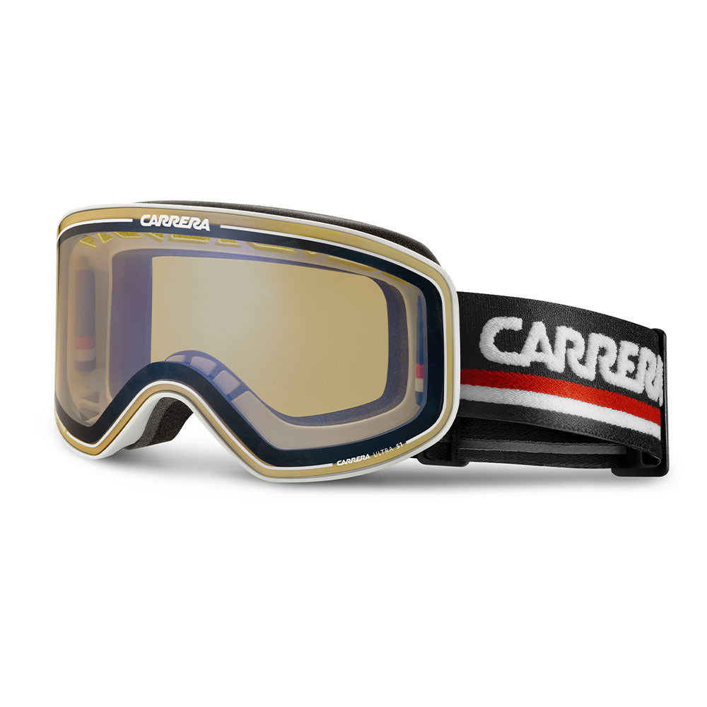 Carrera Snow Goggles matte white frame with yellow high contrast blue mirror lens - front angle.